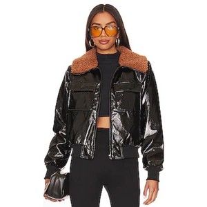 MOTHER The Pilot Jacket Don’t Crash‎ Shiny Black Patent Fur Bomber Coat Size XL